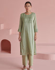 Green Bandhej Straight Smock Kurta Set