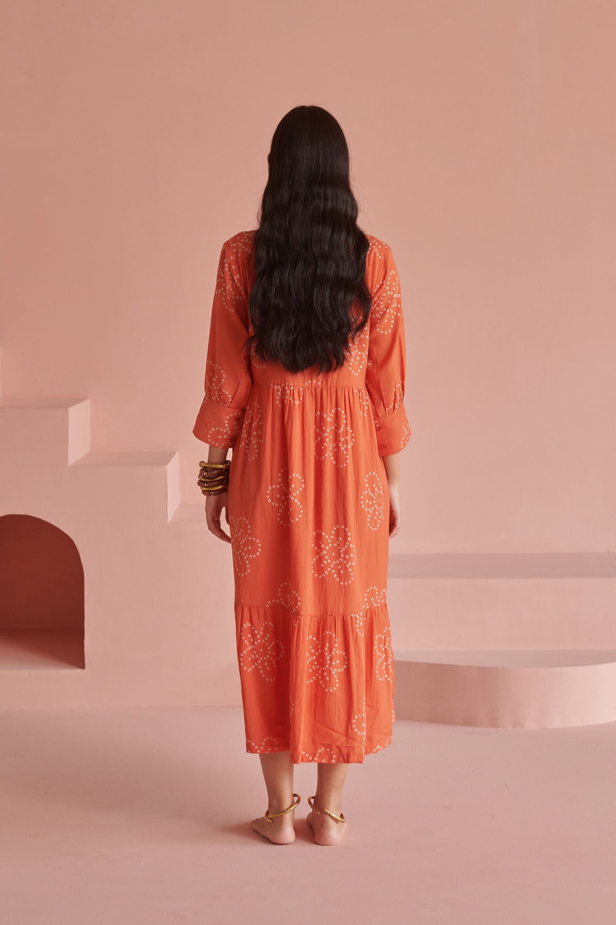 Orange Bandhej Gathered Dress