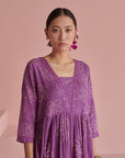 Purple Bandhej Gathered Kurta Set