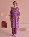 Purple Bandhej Straight Kurta Set