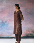 Brown Leaves Embroidery Kurta Set